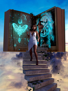 Girl Escaping Demon in Story Book - innocence vs evil