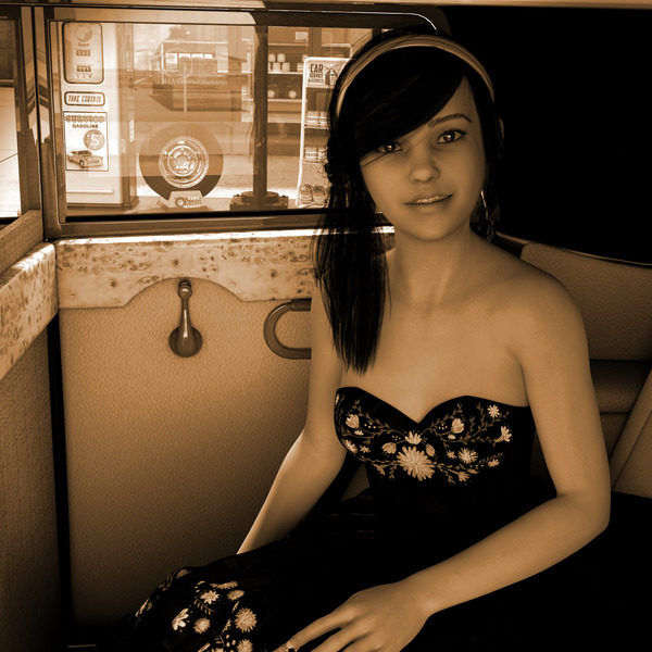 Girl In Car at Gas Station - Vintage Sepia Photo  Print
