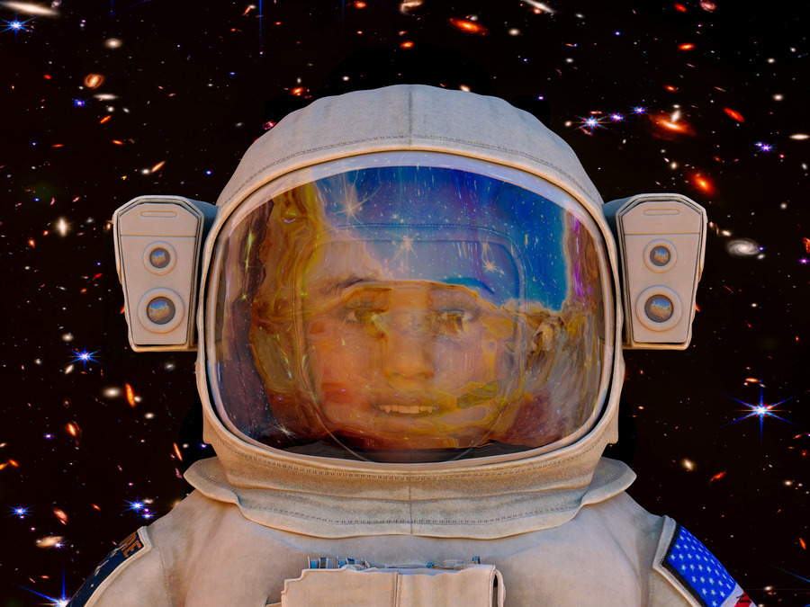 Female Space Explorer witnesses the Carina Nebula as seen by the James Webb Telescope  Print