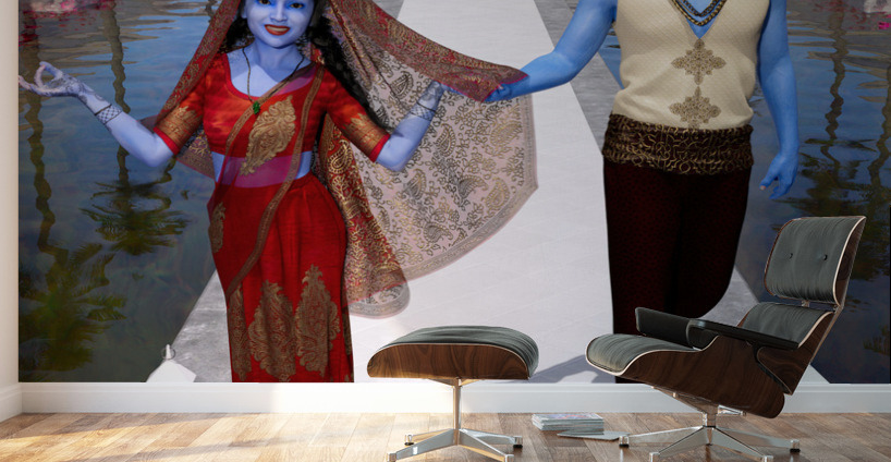 Krishna and Radha entering the temple Wall Murals