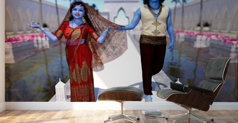 Krishna and Radha entering the temple Wall Murals